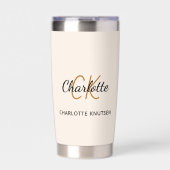 Beige Monogramm Initialen Name einfach Thermobecher (Vorderseite)