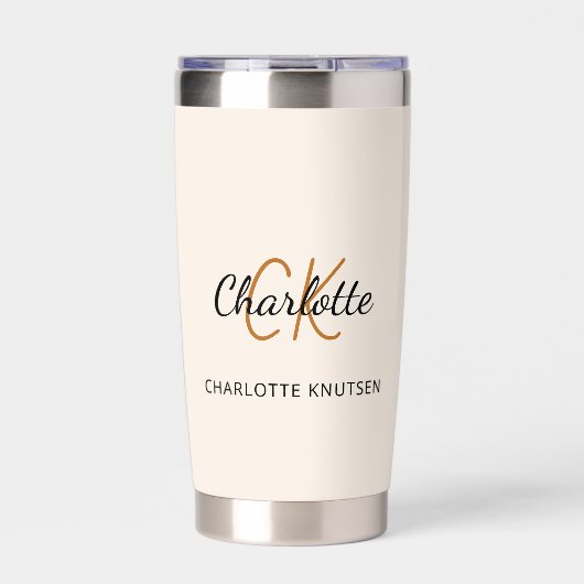 Beige Monogramm Initialen Name einfach Thermobecher (Vorderseite)