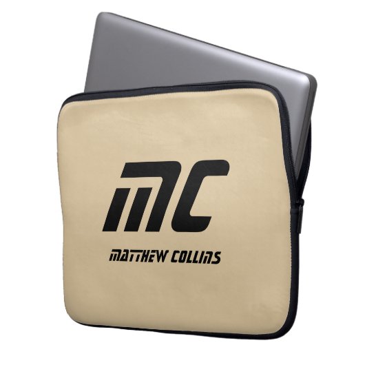 Beige Monogramm Minimalistischer Name Schwarzer Te Laptopschutzhülle (Vorderseite Links)
