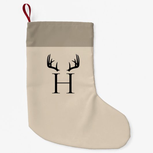 Beige Monogramm moderne Antlers Kleiner Weihnachtsstrumpf (Vorderseite)