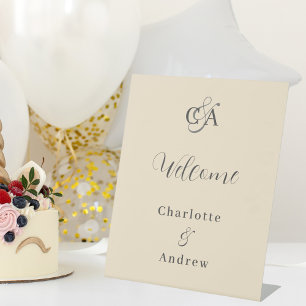 Beige Monogramm moderner einfacher Hochzeitsempfan Sockelschild