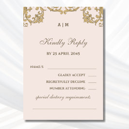 Beige Monogramm Verzierte Viktorianische Hochzeits RSVP Karte