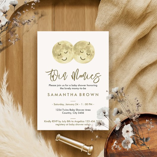 Beige Moon Twins Baby Dusche Einladung