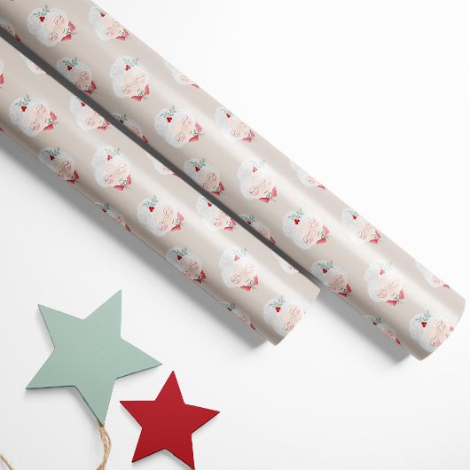 Beige Mrs. Claus Faces Christmas Wrapping Paper Geschenkpapier