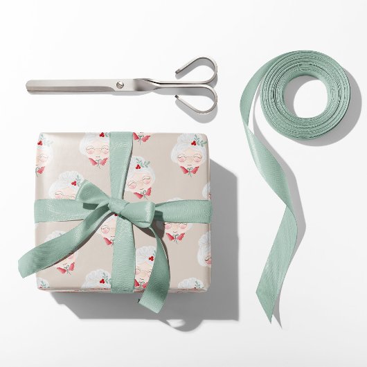 Beige Mrs. Claus Faces Christmas Wrapping Paper Geschenkpapier