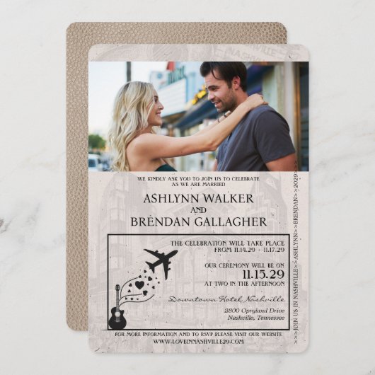 Beige Nashville Passport Wedding Einladung (Vorne/Hinten)