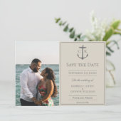 Beige Nautic Monogram Foto Save the Date (Stehend Vorderseite)