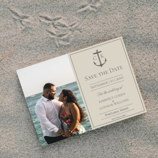 Beige Nautic Monogram Foto Save the Date