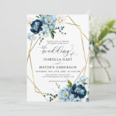 Beige Navy Blue Elegant Floral Gold Frame Wedding Einladung (Stehend Vorderseite)