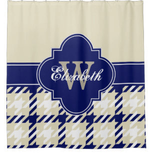 Beige Navy Blue Whit 1I CB Ribbon Name Duschvorhang