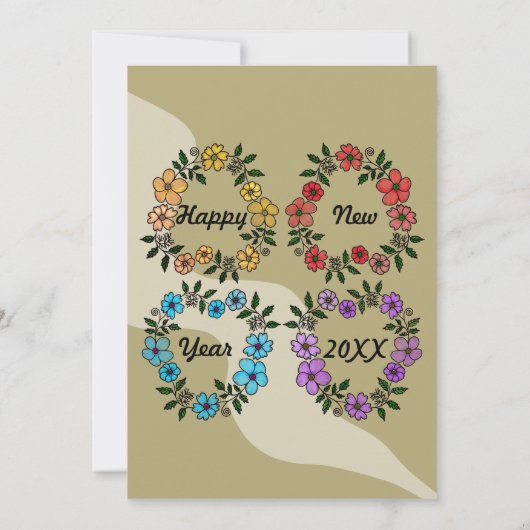 Beige Neujahrsessen Party mit Blumenkranz Einladung (Rückseite)