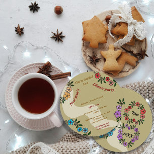 Beige Neujahrsessen Party mit Blumenkranz Einladung