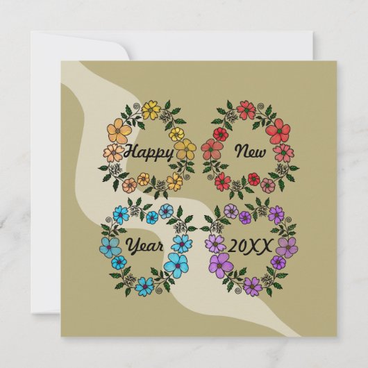 Beige Neujahrsessen Party mit Blumenkranz Einladung (Rückseite)