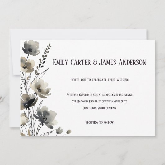 Beige Neutral Floral Wedding Einladung (Vorderseite)