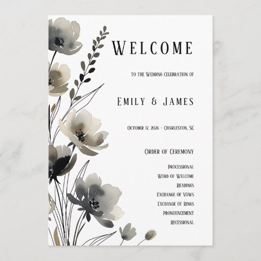 Beige Neutral Floral Wedding Programm (Vorderseite)