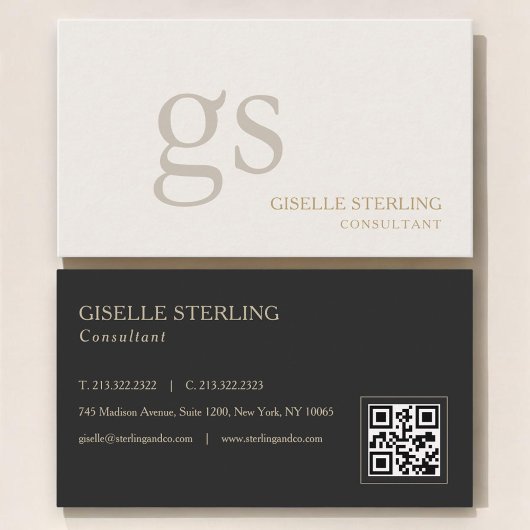 Beige Neutral Monogram QR Code Professional Visitenkarte