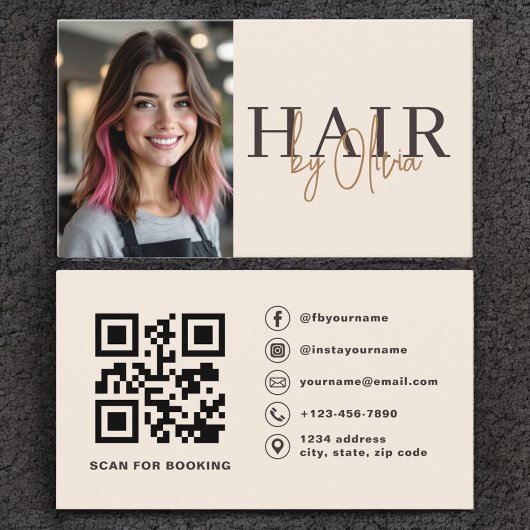 Beige Neutral Photo QR Code Hair Stylist Visitenkarte