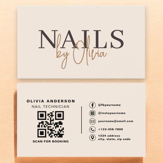 Beige Neutral QR Code Nail Specialist Artist Visitenkarte