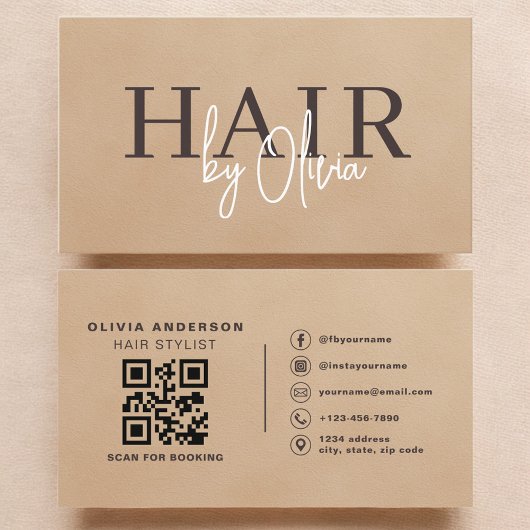 Beige Neutral Suede QR Code Hair Stylist  Visitenkarte