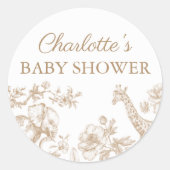 Beige neutrale Baby Dusche Safari Toile de Jouy Runder Aufkleber (Vorderseite)