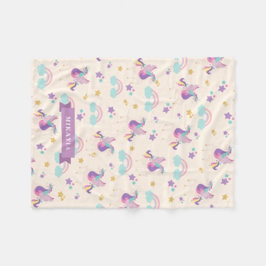 Beige | Niedliches Regenbogen-Einhornmuster Fleecedecke (Vorderseite (Horizontal))