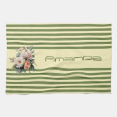 Beige Oberseite mit Olive Green Streifen Blumenmus Geschirrtuch (Horizontal)
