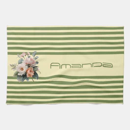 Beige Oberseite mit Olive Green Streifen Blumenmus Geschirrtuch (Horizontal)