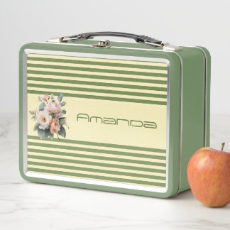 Beige Oberseite mit Olive Green Streifen Blumenmus Metall Brotdose