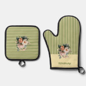 Beige Oberseite mit Olive Green Streifen Blumenmus Ofenhandschuh & Topflappen-Set (Vorderseite)