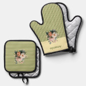 Beige Oberseite mit Olive Green Streifen Blumenmus Ofenhandschuh & Topflappen-Set (Vorderseite/Rückseite)