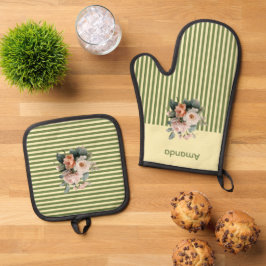 Beige Oberseite mit Olive Green Streifen Blumenmus Ofenhandschuh & Topflappen-Set