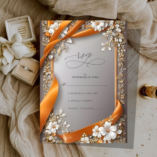 Beige Orange Ribbons Verzierte Blumenhochzeit RSVP Karte