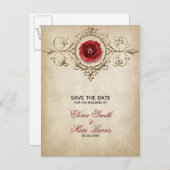 Beige Ornamente und Rote Rose Ankündigungspostkarte (Vorne/Hinten)