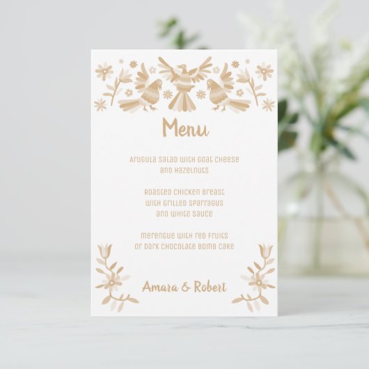 BEIGE OTOMI MEXICAN WEDING MENU ANKÜNDIGUNG (Stehend Vorderseite)