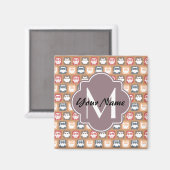 Beige Owls Personalisiert Monogramm und Name Magnet (Vorderseite/Rückseite)
