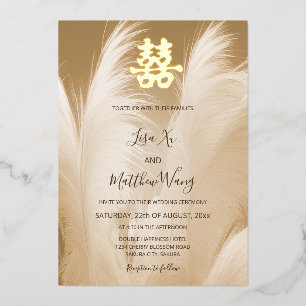 Beige Pampasgras chinesische Hochzeit Folieneinladung