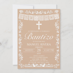 Beige Papel Picado Spanische Tauf Einladung