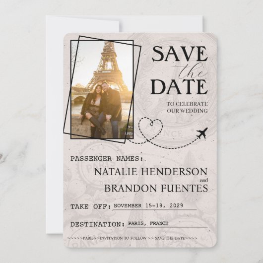 Beige Paris Passport Save the Date (Rückseite)