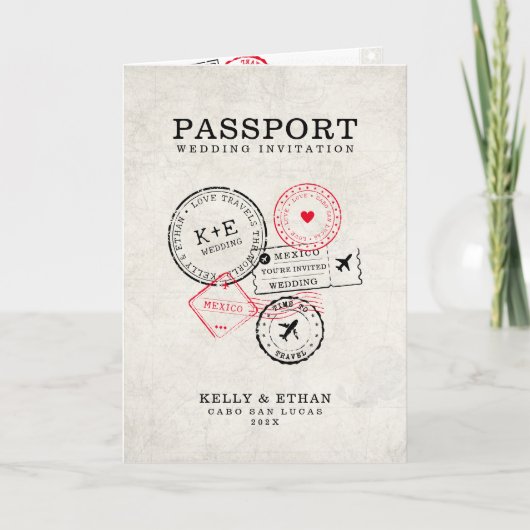 Beige Passport-Hochzeit in Urlaubsort Einladung (Vorderseite)