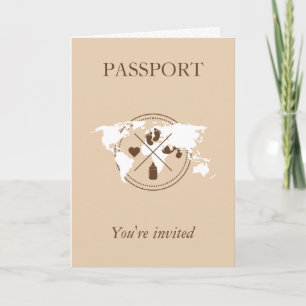 Beige Passport Travel Girl Babydusche Weltkarte Einladung