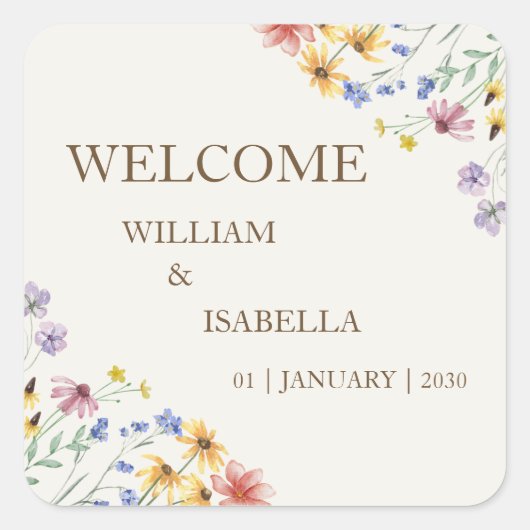 Beige Pastel Wildblume Quadratischer Aufkleber (Vorderseite)