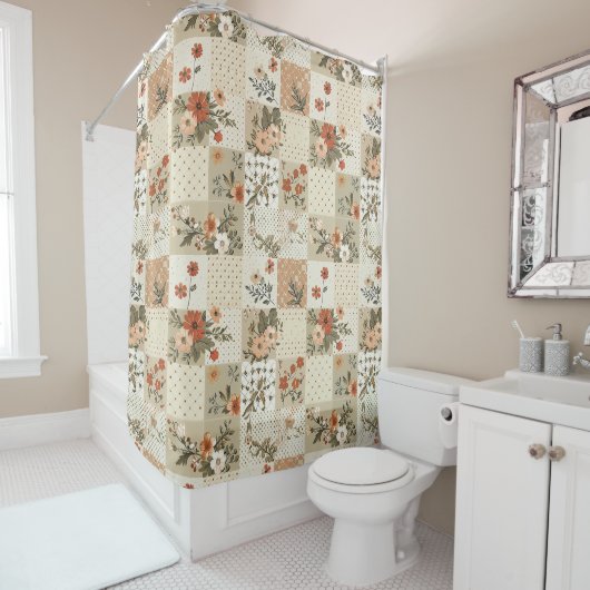 Beige Patchwork-Quilt Rustikale Blumen Retro Duschvorhang (Beispiel)