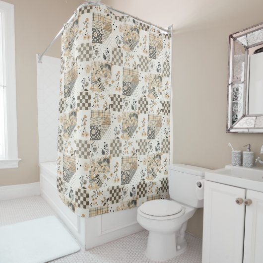 Beige Patchwork-Quilt Rustikale Blumen Retro Duschvorhang (Beispiel)