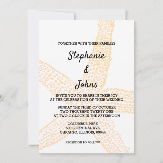 Beige Peach Starfish Yellow Orange Custom Wedding Einladung (Vorderseite)