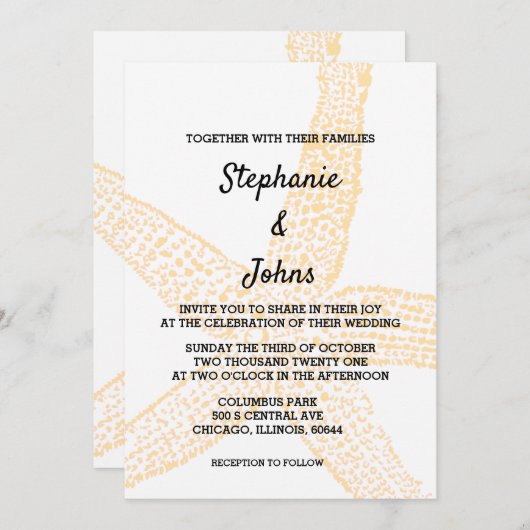 Beige Peach Starfish Yellow Orange Custom Wedding Einladung (Vorne/Hinten)