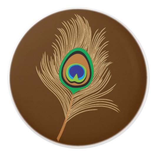 Beige Pfauenfeder für Schokoladenbraun Keramikknauf (Vorderseite)