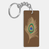 Beige Pfauenfedern auf Schokoladenbraun Schlüsselanhänger (Vorderseite links)
