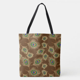 Beige Pfauenfedern auf Schokoladenbraun Tasche