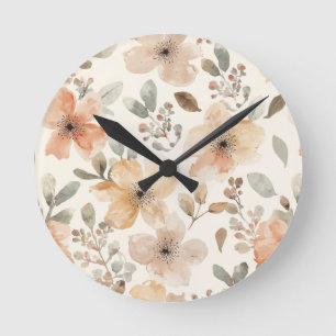 Beige Pfirsich Blumen Watercolor Botanisches Muste Runde Wanduhr