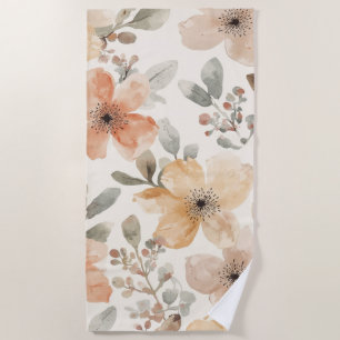 Beige Pfirsich Blumen Watercolor Botanisches Muste Strandtuch